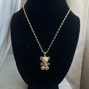 Gold pavé Teddy Bear Pendant Necklace with Red & Green Accents